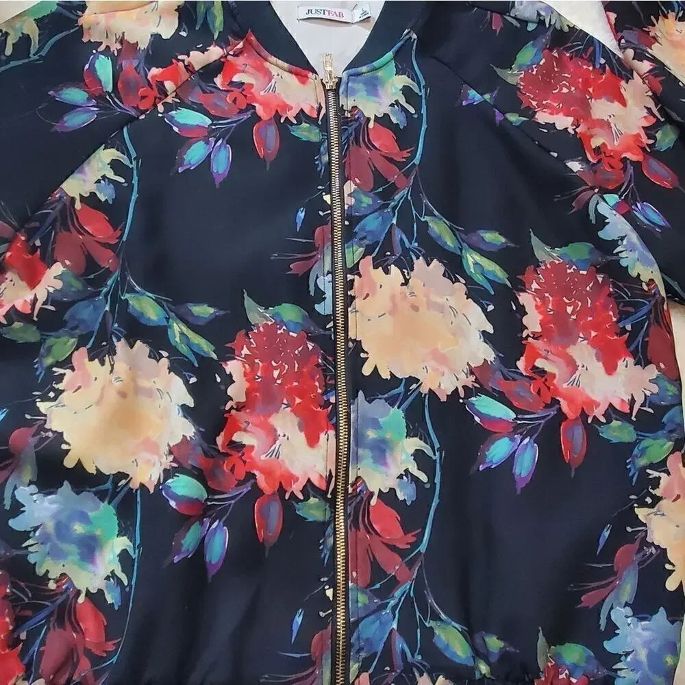 JustFab Black Floral Bomber Jacket, Size Large